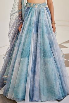 Grey and blue attached cancan lehenga with sequin embroidery and floral embroidered waistband. Paired with a padded blouse with floral zari embroidery and geometric embroidered dupatta. - Aza Fashions Blue Organza Anarkali Set With Dori Work, Blue Embellished Organza Anarkali Set, Blue Organza Gown With Dupatta, Blue Embellished Organza Lehenga, Blue Party Dress With Dori Work, Blue Organza Designer Gown, Blue Organza Gown For Reception, Blue Organza Gown For Designer Wear, Blue Organza Lehenga For Reception