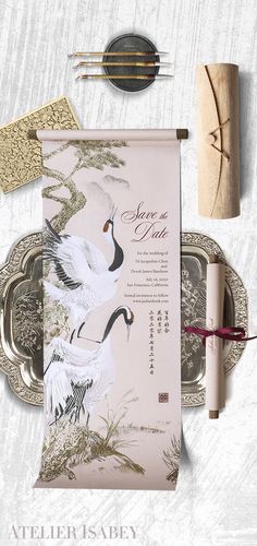 Chinese Scroll Save the Date with traditional Chinese painting of a pair of cranes | by Atelier Isabey, www.atelierisabey.com Japanese Wedding Invitation Design, Chinese Invitation Design, Japanese Invitation Card, Chinese Invitation Wedding, Modern Chinese Wedding Invitation, Japanese Invitation Design, Japanese Wedding Invitation, Korean Wedding Invitation, Wedding Invitations Chinese