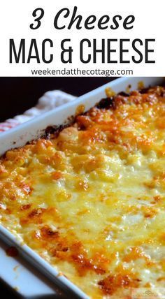 a cheesy macaroni and cheese casserole in a white dish