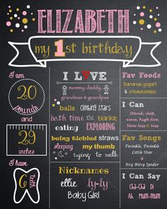 a chalkboard sign that says elizabeth my 1st birthday