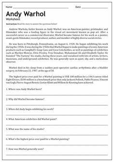 the worksheet for andy warhol's novel, which is written in english and