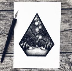 a pen and ink drawing of a night sky with trees in the distance, on top of a piece of white paper