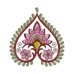 an embroidered design with pink flowers and green leaves on white background, in the shape of a tear