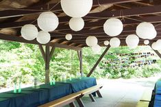 several white paper lanterns hanging from the ceiling over a long table with blue linens on it