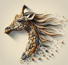 a giraffe made out of rocks and stones with its long hair blowing in the wind