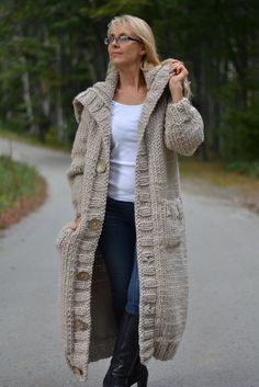 "Hand knitted pure merino wool cardigan. Seamless body and sleeves. 100% premium merino wool. The cardigan available for immediate dispatch is in size XL. Suggested measurements for cardigan made on request: Size M Length from shoulder 112cm / 44\" Width from pit to pit 46cm / 18\" Sleeve from underarm 51cm / 20\" Tneck unrolled 36cm / 14\" Size L Length from shoulder 112cm / 44\" Width from pit to pit 53cm / 21\" Sleeve from underarm 53cm / 21\" Tneck unrolled 36cm / 14\" Size XL Length from sh Collared Cardigan, Long Knit Cardigan, Merino Wool Cardigan, Chunky Cardigan, Chunky Wool, Chunky Knit Cardigan, Cardigan Long, Knitted Coat, Mohair Sweater