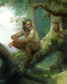 a painting of a man in the woods holding a stick and looking up at something