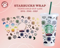 starbucks cup with starbuck's wrap on the side and various symbols around it