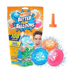 a bag of better than balloons with an orange and blue package next to it on a white background