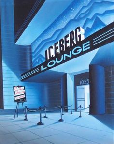 an advertisement for the iceberg lounge at night