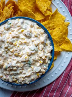 a white plate topped with chips and a dip