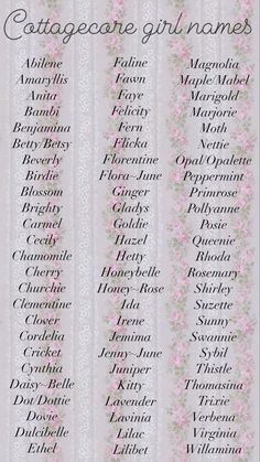 Cottagecore Baby name list Strawberry Names Ideas, Aesthetic Last Names For Characters, Cute Acnh Island Name Ideas, Princess Last Names, Pretty Feminine Names, Feminine Last Names, Cottagecore Pet Names, Cute Fairy Names, Cute Names For Characters