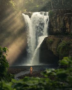 a woman standing in front of a waterfall with sunlight coming through the leaves on it