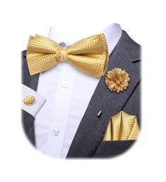 PRICES MAY VARY. Stylish Accessory Set: This set includes a pre-tied bowtie, matching lapel pin, pocket square, and cufflinks for a coordinated formal look. Versatile Design: The classic paisley/striped/floral/solid pattern and rich colors make this set suitable for various occasions like weddings, proms, or formal events. Easy to Wear: The pre-tied bowtie ensures a perfect knot every time, while the adjustable band allows for a comfortable fit. Quality Materials: Crafted from high-quality fabri Luxury Gold Suits With Notch Lapel, Luxury Suits With Gold Buttons And Notch Lapel, Luxury Semi-formal Suits With Gold Buttons, Cheap Bow Ties For Parties, Luxury Notch Lapel Suits With Gold Buttons, Cheap Standard Tie Bow For Formal Occasions, Black Tuxedo Champagne Bow Tie, Luxury Dapper Bow Tie For Black Tie Events, Luxury Gold Suit And Tie Accessories For Semi-formal