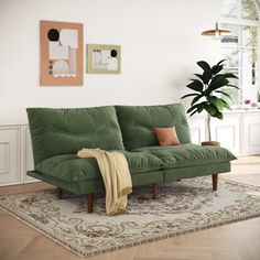 a living room with a green couch and rug on the floor next to a potted plant