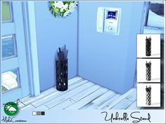 there is an image of a room with blue walls and black umbrellas in the corner