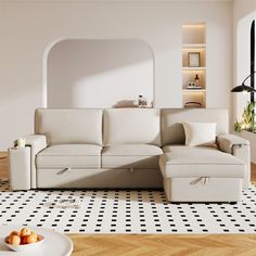 a living room with white walls and black and white checkered flooring