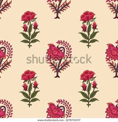 seamless floral pattern with red flowers and green leaves on beige background - stock photo