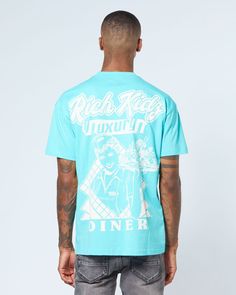 Luxury diner tee in turquoise blue Jordan 4’s, Jordan Yeezy, Streetwear Collection, Retro Diner, Jordan 8, Nylon Pants, Jordans Women, Jordan 2, Mesh Shorts