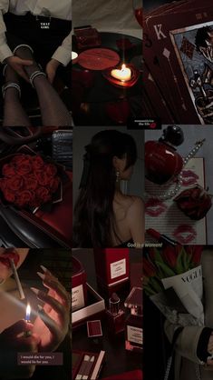 a collage of photos with candles, roses and other things in them that are red