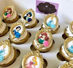 there are many cupcakes that have princess pictures on them in the shape of frames