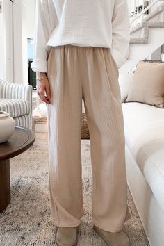 Tulum Cotton Pants in Sand Gauze Pants Outfit, Effortless Pant, Gauze Pants, Cotton Gauze Fabric, Gauze Fabric, Sand Color, Womens Clothing Stores, Sweater Set, Colourful Outfits