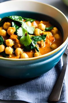 a blue bowl filled with chickpeas and spinach garnished with cilantro