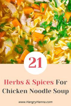 chicken noodle soup with carrots, parsley and herbs in a white bowl text overlay reads 21 herbs & spices for chicken noodle soup