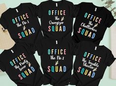 four shirts with the words office squad on them