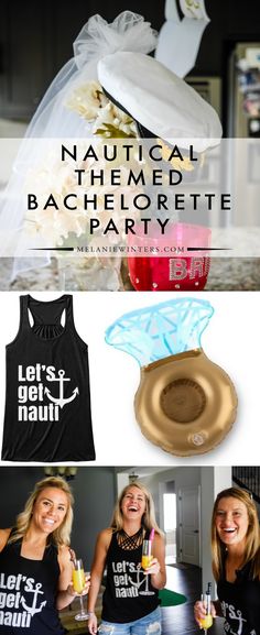 two women in black shirts and one is holding a wine glass with the words nautical themed bachelor party on it