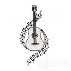 a drawing of a guitar with musical notes on it's neck and strings around the neck