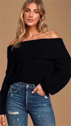 Detail: Long sleeves Off the shoulder Knit fabric Pullover Size Available:: Size Bust Length S 86cm/33.8'' 60cm/23.6'' M 90cm/35.4'' 61cm/24'' L 94cm/37'' 62cm/24.4'' XL 98cm/38.5'' 63cm/24.8'' Off Shoulder Knit Sweater, Stylish Sweater, Off The Shoulder Sweater, Black Off Shoulder, Stylish Sweaters, Sweater Brands, Fall Sweaters, Knit Jacket, Shoulder Sweater