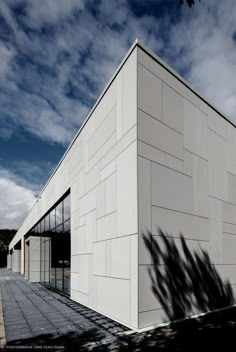 the shadow of a tree is cast on the side of a white building with windows