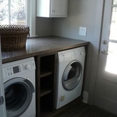 a washer and dryer sitting in front of a window next to a door