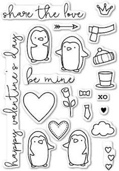 a sheet of stickers with penguins and hearts on them, including the words share the love