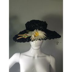 Dramatic and Mint Condition Black Woven Hat with Black Velvet Bow and Handmade Custom Silk Daisy and Leaves. Designed in the 1940's-1950's This Hat was Made By Ann Farkas Perth Amboy. Vintage Black Wide Brim Costume Hat, Vintage Black Costume Hat With Curved Brim, Black Brimmed Hat For Vintage Events, Vintage Black Straw Hat With Short Brim, Vintage Black Hat For Kentucky Derby, Black Victorian Hat For Evening, Black Victorian Evening Hat, Vintage Black Hat For Spring, Vintage Black Brimmed Straw Hat