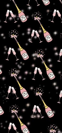 a black background with pink champagne bottles and wine glasses filled with sparkling confetti