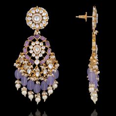 Intricately embellished and unmatchable dainty artistry! A classic pair bejeweled with glistening kundan stones and shimmering pearls and lilac beads. Approximate earrings length is 4". Gold-plated on high-quality brass as base metal. In-stock & ready-to-ship. *Please Note: We use faux stones and beads in all of our jewelry. Traditional Dangling Beads Earrings For Reception, Elegant Chandbali Beaded Earrings With Dangling Beads, Elegant Kundan Chandelier Earrings With Dangling Beads, Elegant Kundan Danglers With Dangling Beads, Kundan Pearl Earrings With Stone Work For Celebrations, Elegant Kundan Danglers With Beads, Elegant Kundan Bridal Earrings With Dangling Beads, Festive Kundan Danglers With Pearl Drop, Elegant Kundan Chandbali Necklace With Dangling Beads