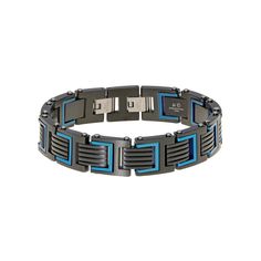 Add a new element to your daily look with this handsome black and blue ion-plated stainless steel bracelet.Click on this JEWELRY & WATCHES GUIDE to learn about fit, styles, materials and more! Length: 8.5 in. with 0.5-in. lock extender Closure: magnetic Metal: stainless steel Plating: black ion plated, blue ion plated Finish: polished Packaging: boxed Please note, due to the high value of this item, a signature may be required upon delivery. Size: 8.5". Color: Two Tone. Gender: male. Age Group: Modern Black Bracelets, Modern Blue Jewelry With Stainless Steel Clasp, Blue Stainless Steel Nickel-free Jewelry, Black Link Bracelets In Stainless Steel, Adjustable Black Stainless Steel Cuban Link Bracelet, White Gold-colored Stainless Steel Link Bracelet, Masculine Adjustable Stainless Steel Bracelet, Lynx, Italian Charm Bracelet