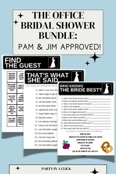 the office bridal shower bundle is shown in black and white, with text on it