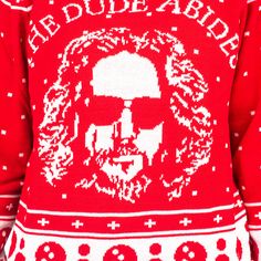 a man wearing a red and white sweater with the words he dude abridge on it