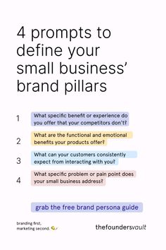 the front cover of a book with text that reads, 4 prompts to determine your small business brand pillars