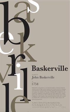 a poster with the words baskerville written in black and white on grey background