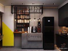 the interior of a coffee shop with black and yellow accents on the walls, an icebox for cold beverages