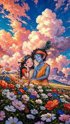 two people are sitting in the middle of a field with flowers and clouds behind them