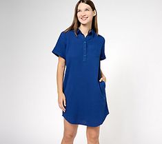 Add a bit of playful polish to your comfy look with this gauze shirt dress. From Belle by Kim Gravel. Casual V-neck Shirt Dress With Placket, Summer Collared Shift Shirt Dress, Summer Shift Shirt Dress With Short Sleeves, Casual Collared Summer Dress, Casual Tunic Shirt Dress For Spring, Casual Summer Tunic For Daywear, Casual Collared Shift Dress, Summer Beach Shirt Dress With Placket, Spring Vacation Dresses With Placket