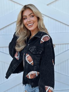 This jacket is totally touchdown-worthy! It's crafted from classic corduroy and sassed up with playful football sequins – perfect for the sporty diva on game day! Score big with this fashionable (and cozy!) classic. Size Guide: Model is 5’6” tall, and has a 33.25” bust, 26.5” waist, & 35.6” hips. She is wearing a S / US 4 / AU 8. This jacket is true to size. Material: 95% Polyester 5% Nylon. Feature: Collared. Corduroy Fabrication. Front Button Closures. Embroidered Sequins Football . Bust pocke Football Jacket, Football Field, Short Sleeve Cardigan, Comfy Hoodies, Collar Top, Black Khakis, Cropped Jacket, Corduroy Jacket