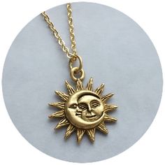 Sun and Moon necklace 18mm gold plated pewter charm Sun Moon Gold Celestial Charm Necklace, Adjustable Gold Celestial Charm Necklace, Gold Necklace With Sun And Moon Design, Celestial Gold Charm Necklaces, Spiritual Gold Charm Necklace With Moon Charm, Celestial Metal Charm Necklaces As Gift, Gold Charm Necklace With Sun And Moon Design Gift, Personalized Gold Celestial Charm Necklaces, Symbolic Gold Charm Necklaces Nickel Free