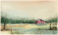 a watercolor painting of a red barn on a snowy day with trees in the foreground