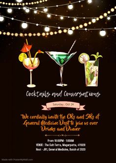 an advertisement for cocktails and conversations, with two glasses filled with drinks on the table